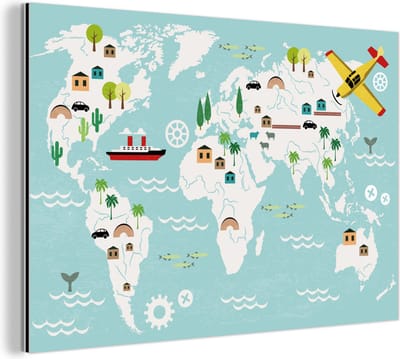 Aluminium schilderij 120x80 cm - Wanddecoratie metaal - Wereldkaart - Kinderen - Vliegtuig - Boot - Jongens - Meisjes - Metalen muurdecoratie woonkamer - Decoratie industrieel - Foto op dibond - Industriële accessoires slaapkamer