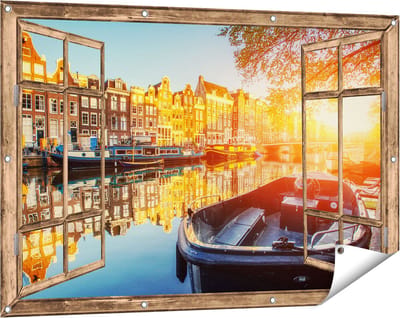 Gards Tuinposter Doorkijk Amsterdamse Brug - Gracht - met Bloemen - 120x80 cm - Tuindoek - Tuindecoratie - Wanddecoratie buiten - Tuinschilderij