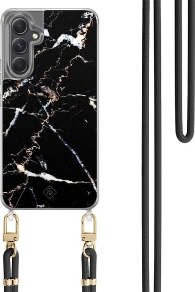 Casimoda® hoesje met koord - Geschikt voor Samsung A34 - Marmer Zwart - Afneembaar koord - TPU/polycarbonaat - Zwart