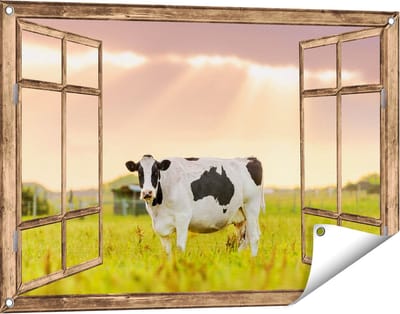 Gards Tuinposter Doorkijk Zwart Wit Koe in de Wei bij Zonsopkomst - 90x60 cm - Tuindoek - Tuindecoratie - Wanddecoratie buiten - Tuinschilderij