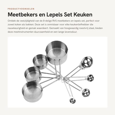 Dailygoods- Meetbekers Set van 8 - RVS - Corrosiebestendig - Maatlepels - Duurzaam - Eenvoudig Opbergen - Lange Handgreep - Maatbekers