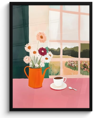 Poster in lijst - Fotolijst 50x70 cm - Posters - Bloemen - Koffie - Raam - Posterlijst zwart - Decoratie - Wanddecoratie woonkamer - Muurdecoratie slaapkamer