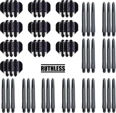 Darts Set - 10 Sets Ruthless Flights – dart flights – zwart – plus 10 sets Dragon – dart shafts – medium