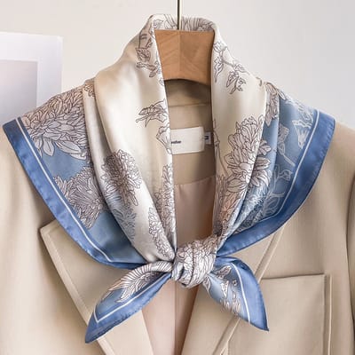 Dames Sjaal - Sjaals - Stola - Vierkante doek - Elegant Stijlvol Dames haar sjaal - Satijn zijde - Hals sjaaltje - Sjaaltje Satijn - Neksjaaltje - Omslagdoek Modesjaals - Neksjaal - Klein Sjaaltje -Soja Chrysanthemum - blauw wit-70*70CM