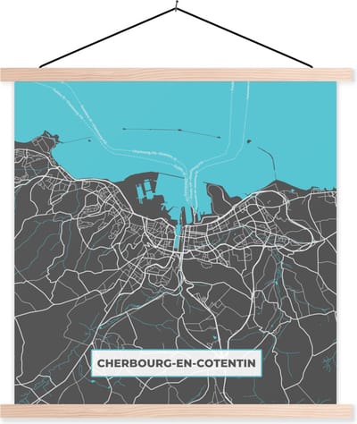 Posterhanger incl. Poster 40x40 cm - Schoolplaat - Cherbourg-en-Cotentin – Plattegrond – Frankrijk – Kaart – Stadskaart - Textielposter - Blanke latten - Stadskaart