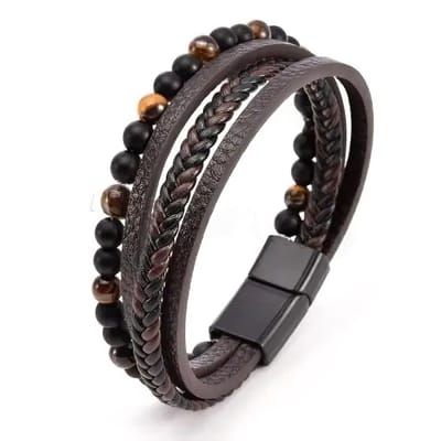 Heren Armband Leer - Bruin met Bruine Kralen - Armbanden - Papa Cadeau Voor Mannen - Vaderdag