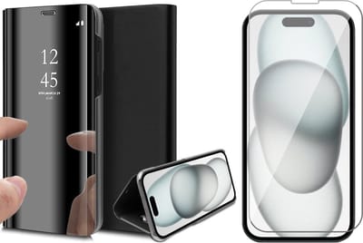 Hoesje geschikt voor iPhone 15 - Screen Protector GlassGuard - Book Case Spiegel Zwart & Screenprotector