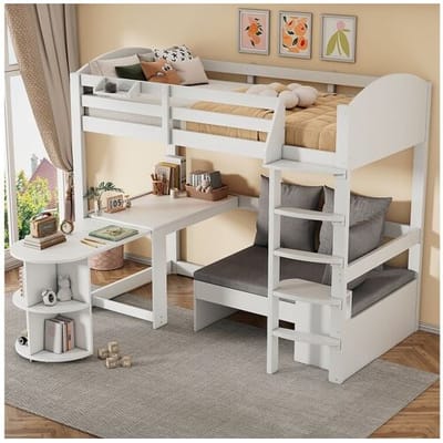 Merax Mezzaninebed 90 x 200 cm met uitschuifbare tafel + bank en 3 kussens + kussens - Hout - Wit