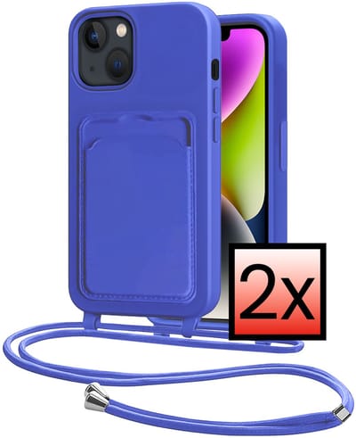 Hoes Geschikt voor iPhone 13 Hoesje Pasjeshouder Cover Met Koord Case Siliconen Hoes Met Telefoonkoord en Kaarthouder - Felblauw - 2 PACK