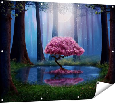 Gards Tuinposter Roze Boom op een Vijver in de Nacht - 120x90 cm - Tuindoek - Tuindecoratie - Wanddecoratie buiten - Tuinschilderij