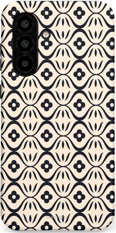 Casetastic hoesje geschikt voor Samsung Galaxy A36 / Samsung Galaxy A56 - Dubbellaagse bescherming - Retro crème-zwarte bloemenprint - Fashion Case - Crème Grijs Donkergrijs