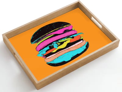 Dienblad hout 50x35 cm - Schootdienblad - Hamburger - Kleurrijk - Speels - Borrelplank rechthoek - Plateau dienbladen