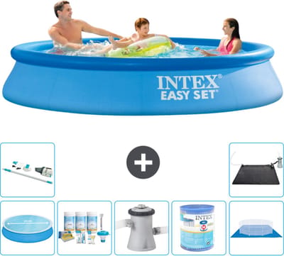 Intex Rond Opblaasbaar Easy Set Zwembad - 305 x 61 cm - Blauw - Inclusief Solarzeil - Onderhoudspakket - Zwembadfilterpomp - Filter - Grondzeil - Stofzuiger - Solar Mat - 8-delig