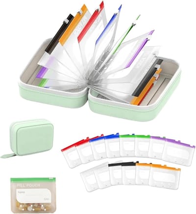 Pillendoos - Opbergdoos - Waterdichte Pillenzak Set - 14-delig Weekpillen Organizer met Gekleurde Zakjes - Herbruikbare Reis Medicijnhouder - Groen