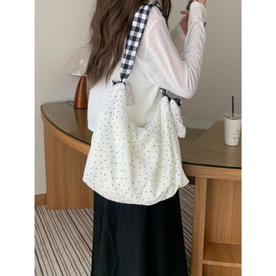 Sac en Toile Littéraire Coréen pour Femmes Été Grande Capacité Pois Sac Bandoulière Texture de Niche Sac à Épaule pour Trajet gray