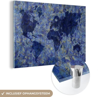 ® Glasschilderij 180x120 cm - Schilderij acrylglas - Wereldkaart - Van Gogh - Verf - Foto op glas - Muurdecoratie woonkamer - Wanddecoratie slaapkamer - Schilderijen