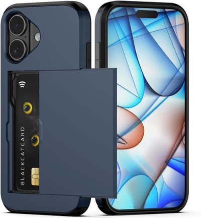 YPCd Hardcase Pasjeshouder Hoesje – Geschikt voor Apple iPhone 16 Plus – Shockproof Backcover met Verborgen Kaartvak – Donkerblauw
