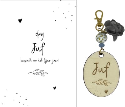 Sleutelhanger en kaartje JUF | leave | grijs | jij bent de liefste | liefste juf | topjuf | einde schooljaar | juffen | meester |cadeau