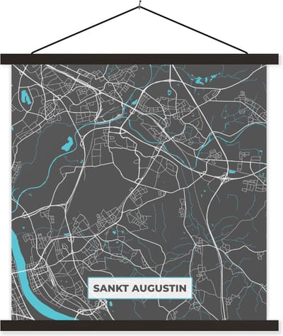 Posterhanger incl. Poster 120x120 cm - Schoolplaat - Stadskaart – Plattegrond – Duitsland – Blauw – Sankt Augustin – Kaart - Textielposter - Zwarte latten - Stadskaart