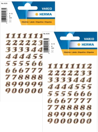 Herma Stickervel nummers - cijfers / getallen - 0 t/m 9 - 2x vellen - goud - 8 mm - glitter