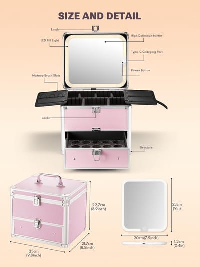 Make-updoos met lade - Cosmetica koffer - Make-up organiseren - Verlichte spiegel - 26x26x20 cm - Ijzig roze