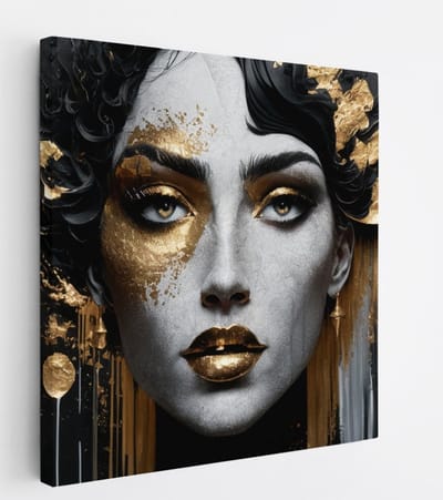 Saammp Canvas Schilderij - Vrouw met goude lippen en ogen - abstract - 20x20 - Foto op canvas - Wanddecoratie - Muurdecoratie Woonkamer - Slaapkamer decoratie - Canvas Print