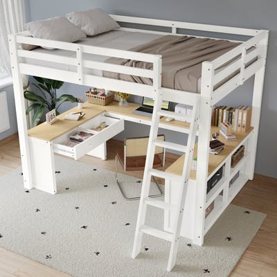 Wishdor Hoogslaper 140x200 cm – U-Vormig Bureau – 2 Lades & Opbergrek – Wit/Naturel Hout – Studieplek