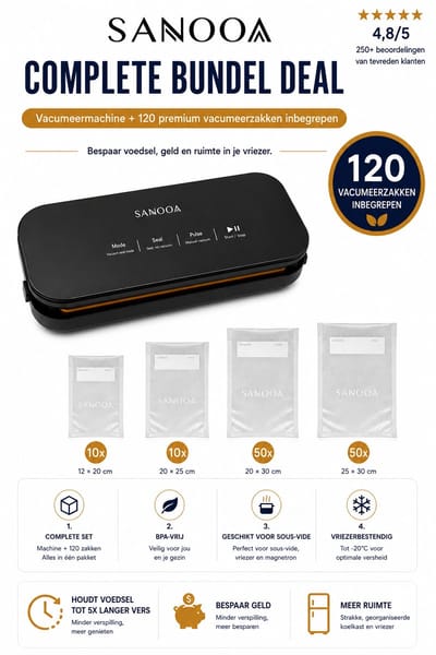 SANOOA Complete Bundel Deal - Vacumeermachine + 120 Premium Vacumeerzakken - Sous Vide Geschikt - BPA Vrij - Vacuum sealer - vacuum zakken - vacumeerzakken - 20x30 - 25x30 - Zwart