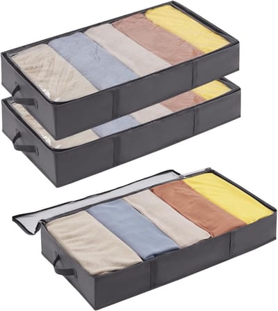 Famanu 3-pack opbergzakken voor onder het bed met deksel, opbergdozen voor kleding Opvouwbare organizer voor onder het bed met versterkte handgreep voor kleding, dekens, schoenen, 65L, Grijs