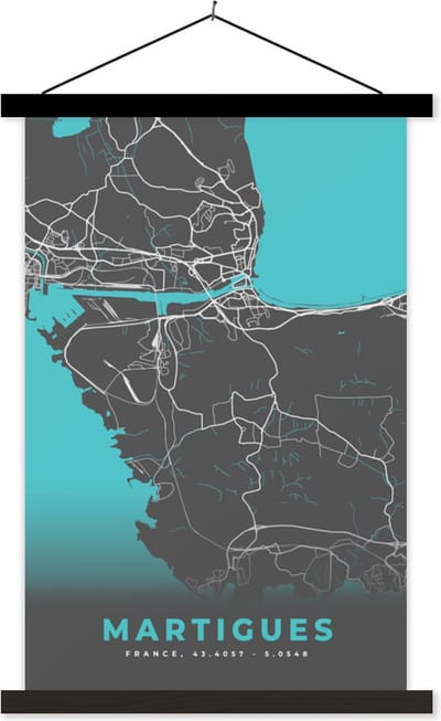 Posterhanger incl. Poster 40x60 cm - Schoolplaat - Martigues - Frankrijk - Plattegrond - Kaart - Stadskaart - Textielposter - Zwarte latten - Stadskaart