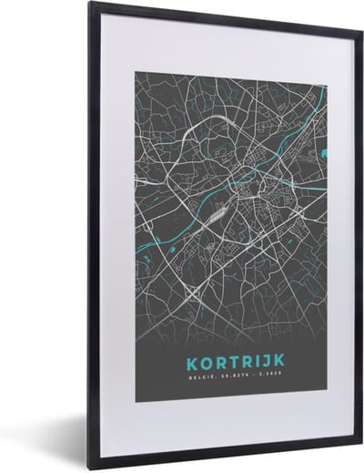 Fotolijst incl. Poster - Plattegrond – Kortrijk – Blauw – Stadskaart - Kaart - 40x60 cm - Posterlijst