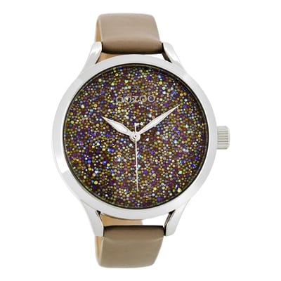 OOZOO Timepieces - Zilverkleurige horloge met taupe leren band - C8647