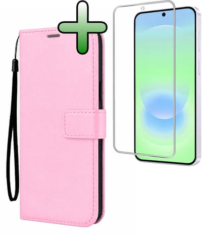 Hoesje Met Screenprotector - Geschikt voor Samsung Galaxy A37 - Luxe Pasjeshouder - Bookcase Portemonee - Flip Case - Kunstleer Book Case - Flipcase - Book Cover - Walletcase - Portemonneehoes - Lichtroze