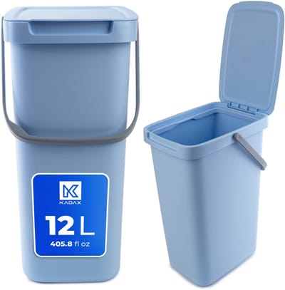 Kadax Afvalemmer, met deksel en handvat, van plastic, vuilnisemmer, voor afvalscheiding, rechthoekig, met klapdeksel, blauw, 12 l