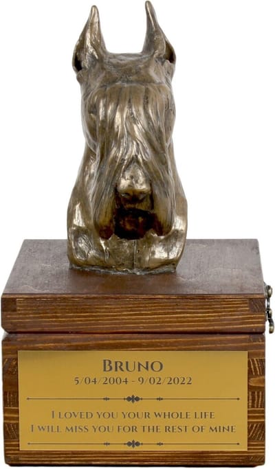 Schnauzer urn hond met beeldje - persoonlijke urn hond voor hondenas