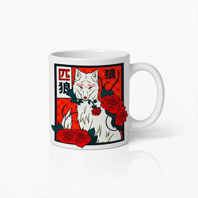 Japanse Wolf Mok 330ml – Elegante Kitsune Stijl Koffiebeker met Rozen | Uniek Cadeau voor Anime- & Kunstliefhebbers