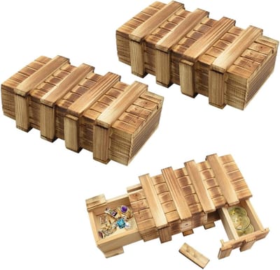 Set van 2 Kleine Houten Puzzeldozen met Compartmenten voor Geld, Sieraden en Verjaardagscadeaus, IQ Speelgoed voor Kinderen, 15 x 8 x 5 cm