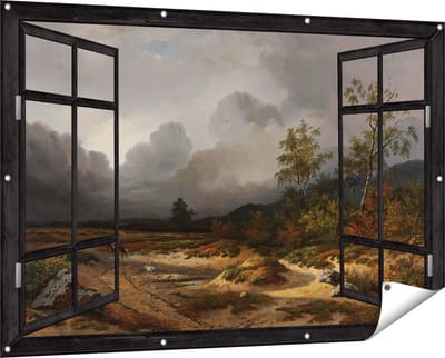 Gards Tuinposter Doorkijk Landschap bij Naderend Onweer - Willem Roelofs - 150x100 cm - Tuindoek - Tuindecoratie - Wanddecoratie buiten - Tuinschilderij