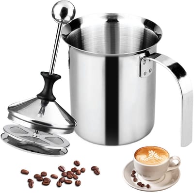 Handmatige Melkopschuimer van RVS met Dubbel Gaas - Perfect voor Cappuccino, Koffie en Melkschuim, Capaciteit 400 ml