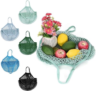 SnelShoppen - 5 Kleuren Mesh Shopping Bag Herbruikbare Netten Tas Katoenen Woven Eco Vriendelijk 35x40 cm Met Handvat Voor Boodschappen Strand Fruit