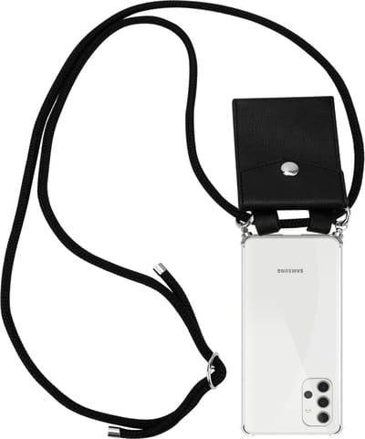 Cadorabo Hoesje geschikt voor Samsung Galaxy A32 4G in ZWART - Silicone Mobiele telefoon ketting beschermhoes met zilveren ringen, koordriem en afneembaar etui