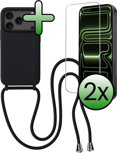 Hoes Geschikt voor iPhone 17 Pro / 18 Pro Hoesje Met Koord Met 2x Screenprotector - Telefoonhoesje Geschikt voor iPhone 17 Pro / 18 Pro Backcover Met Afneembaar Koord - Zwart