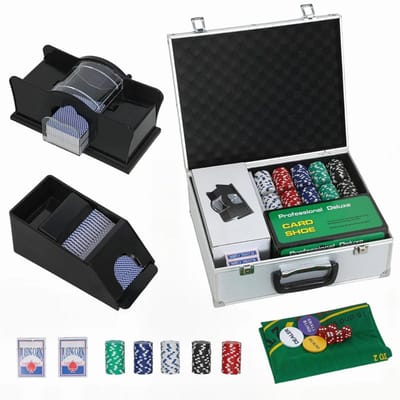 Luxe Pokerset met 300 Chips - 2 Kaartspellen - 5 Dobbelstenen - Aluminium Koffer - 36x30x15 cm - Pokerchips Complete Set - Pokerspel - Kaartspellen - voor 8 Spelers - voor Texas Hold'em, Blackjack
