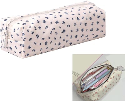 KZQ Schattige pennenzak esthetisch donkerblauwe bloemenprint voor studenten potlood etui opbergtas voor pennen munten en make-up kantoororganizer voor kinderen tieners school