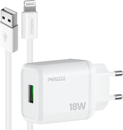 Phreeze usb oplader geschikt voor iPhone 14 13 12 11 X XR XS Max Pro Mini Plus en iPad met Lightning kabel - 5v 3a power adapter - Inclusief oplaadkabel 1 meter