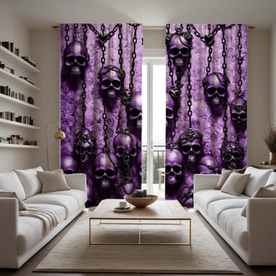 2 pièces Rideau décoratif HD Gothique Crâne de Fantôme Violet Attache rideau imprimé numérique Décoration de Maison style Décoré Salon Chambre W52H63inchW132H160cm white