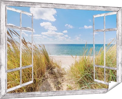 Gards Tuinposter Doorkijk Strand en Zee vanuit Duinen - 180x120 cm - Tuindoek - Tuindecoratie - Wanddecoratie buiten - Tuinschilderij