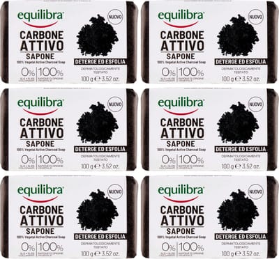 Equilibra Actieve Houtskool Antibacteriële Handzeep - 6 x 100g - Licht Exfolierende Zeep Bar Met Abrikozenpit Poeder - Zeep Zonder SLES - Parabenen vrij - Geen Kleurstoffen