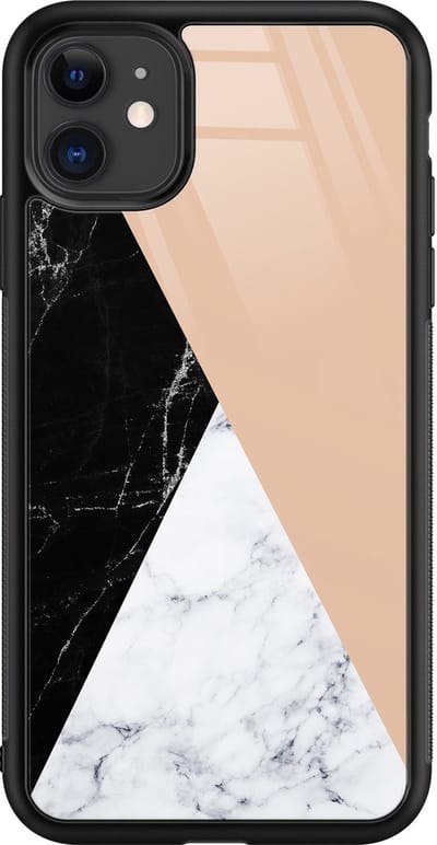 Hoesje geschikt voor iPhone 11 - Marmer zwart bruin - Luxe Glazen Hardcase - Marmer - Zwart, Bruin - Leuke Telefoonhoesjes