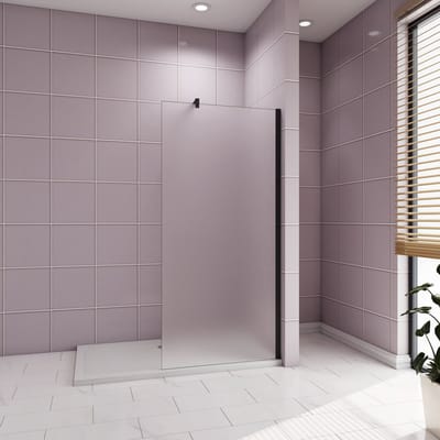 Inloopdouche 140x200cm，10mm NANO EasyClean veiligheidsglas met matte folie,F-vorm 90cm Stabilisatiestang,zwart